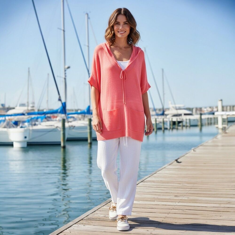 White + Warren Cashmere Old Money Short Sleeve Sweater Womens M/L Hooded Pink